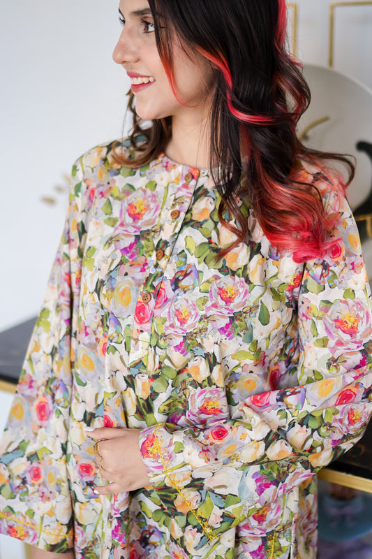 Rang e Bahar – Ivory Multicolour Floral Printed & Hand Embroidered Lawn 2-Piece Suit