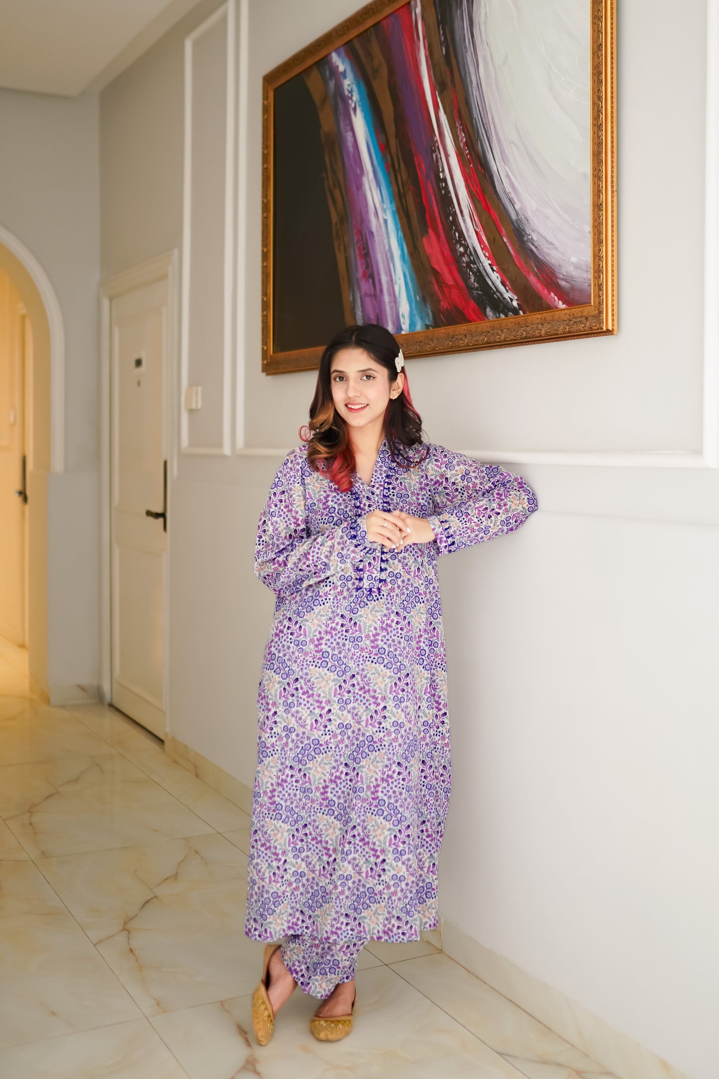 Bagh e Benafsh – White Purple Floral Printed & Hand Embroidered Lawn 2-Piece Suit