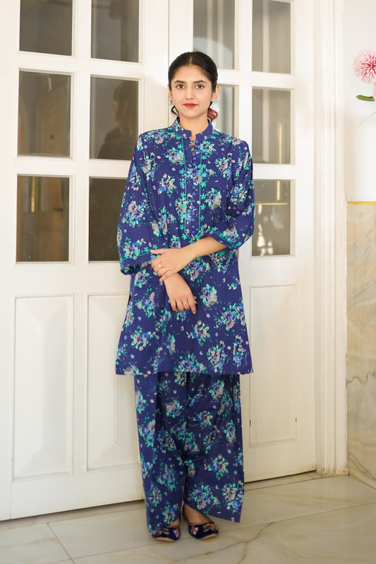 Neel Gul – Navy Blue Floral Printed & Hand Embroidered Lawn 2-Piece Suit