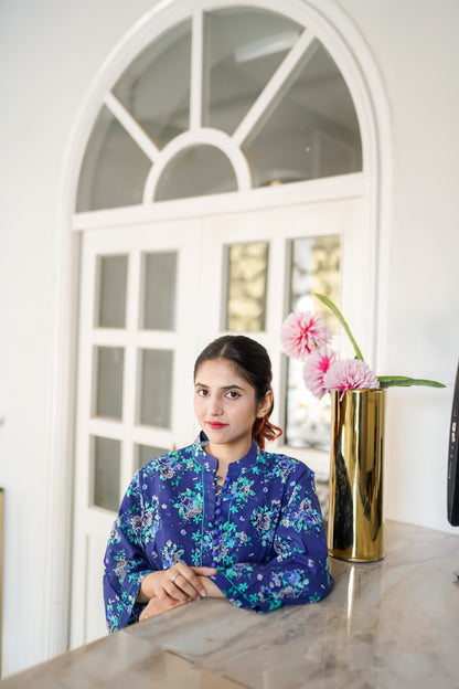 Neel Gul – Navy Blue Floral Printed & Hand Embroidered Lawn 2-Piece Suit