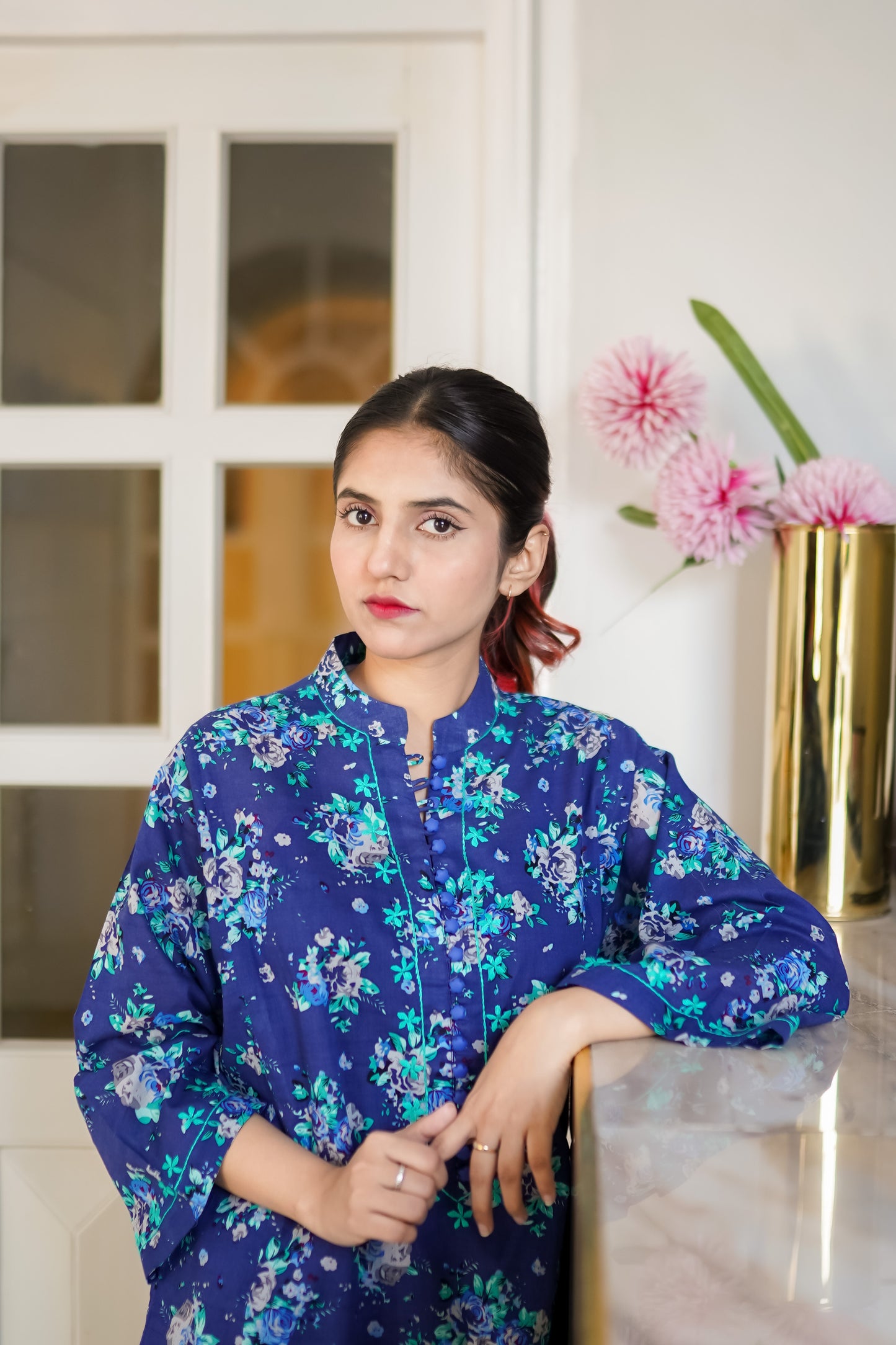 Neel Gul – Navy Blue Floral Printed & Hand Embroidered Lawn 2-Piece Suit