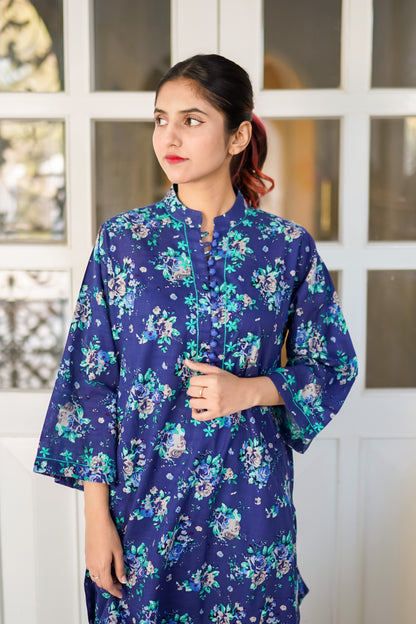 Neel Gul – Navy Blue Floral Printed & Hand Embroidered Lawn 2-Piece Suit