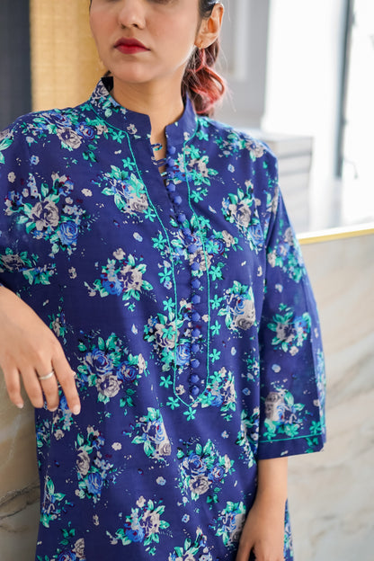 Neel Gul – Navy Blue Floral Printed & Hand Embroidered Lawn 2-Piece Suit