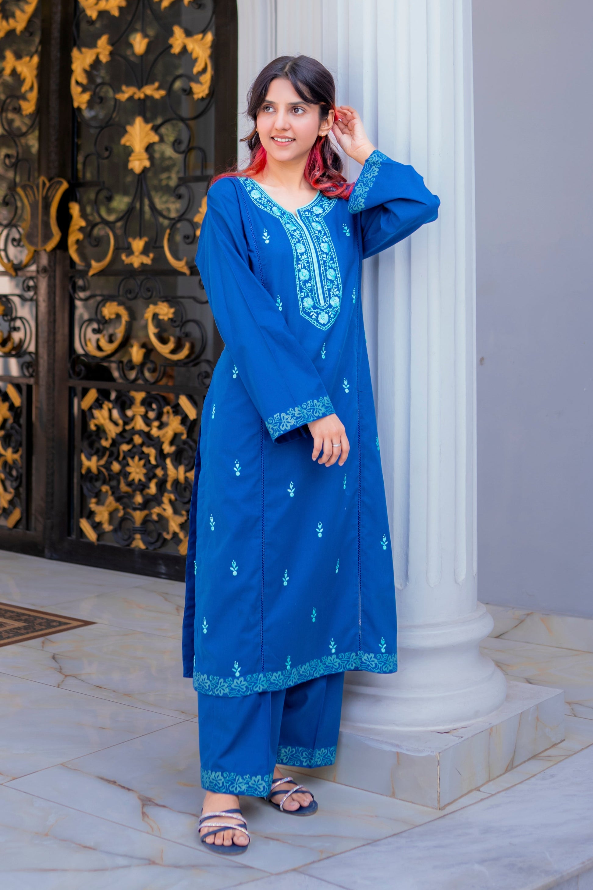 summer collection, lawn suit, 2 piece suit, ready to wear, Pakistani dress, blue suit, embroidered kurta, ferozi embroidery, booti suit, shalwar kameez, eid outfit, casual wear, Jahaan Fatima, Pakistani fashion, women's clothing Pakistan, summer lawn 2025, royal blue kurta, palazzo pants
